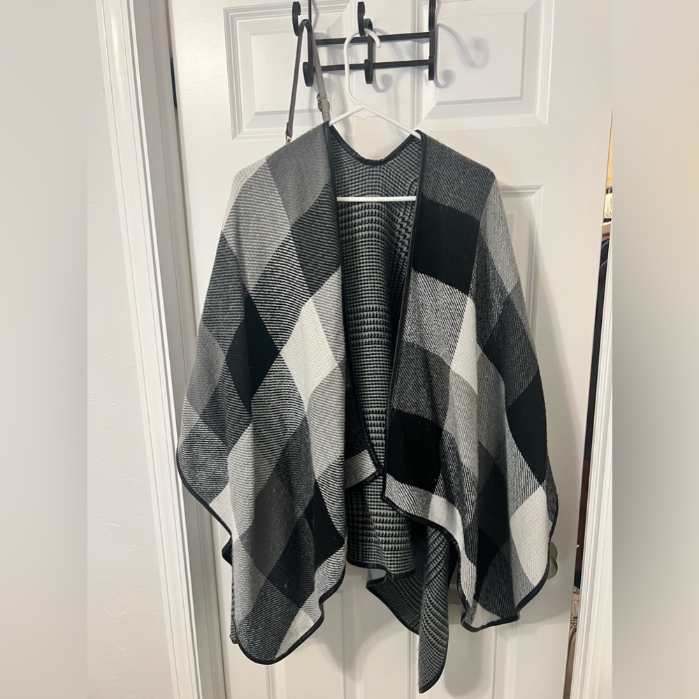 Black and white plaid reversible poncho